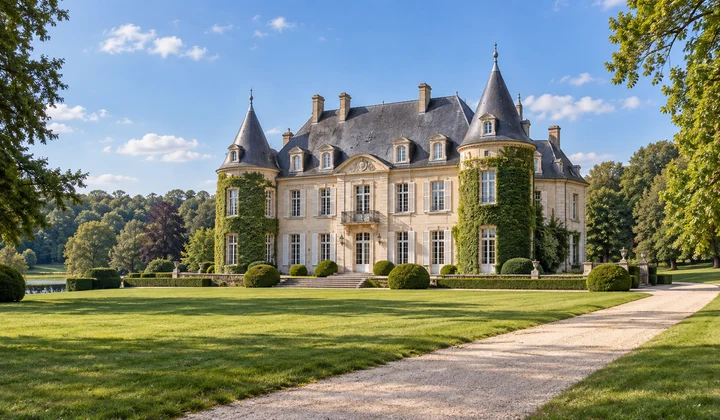 Vue illustrée du château de La Hulpe et de son parc verdoyant