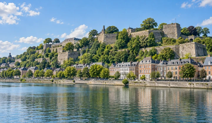 Vue illustrée de la citadelle de Namur et des façades au bord de la Meuse